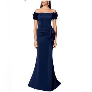 Escape Navy Evening Gown, floral embellished sleeves, size 14 Petite